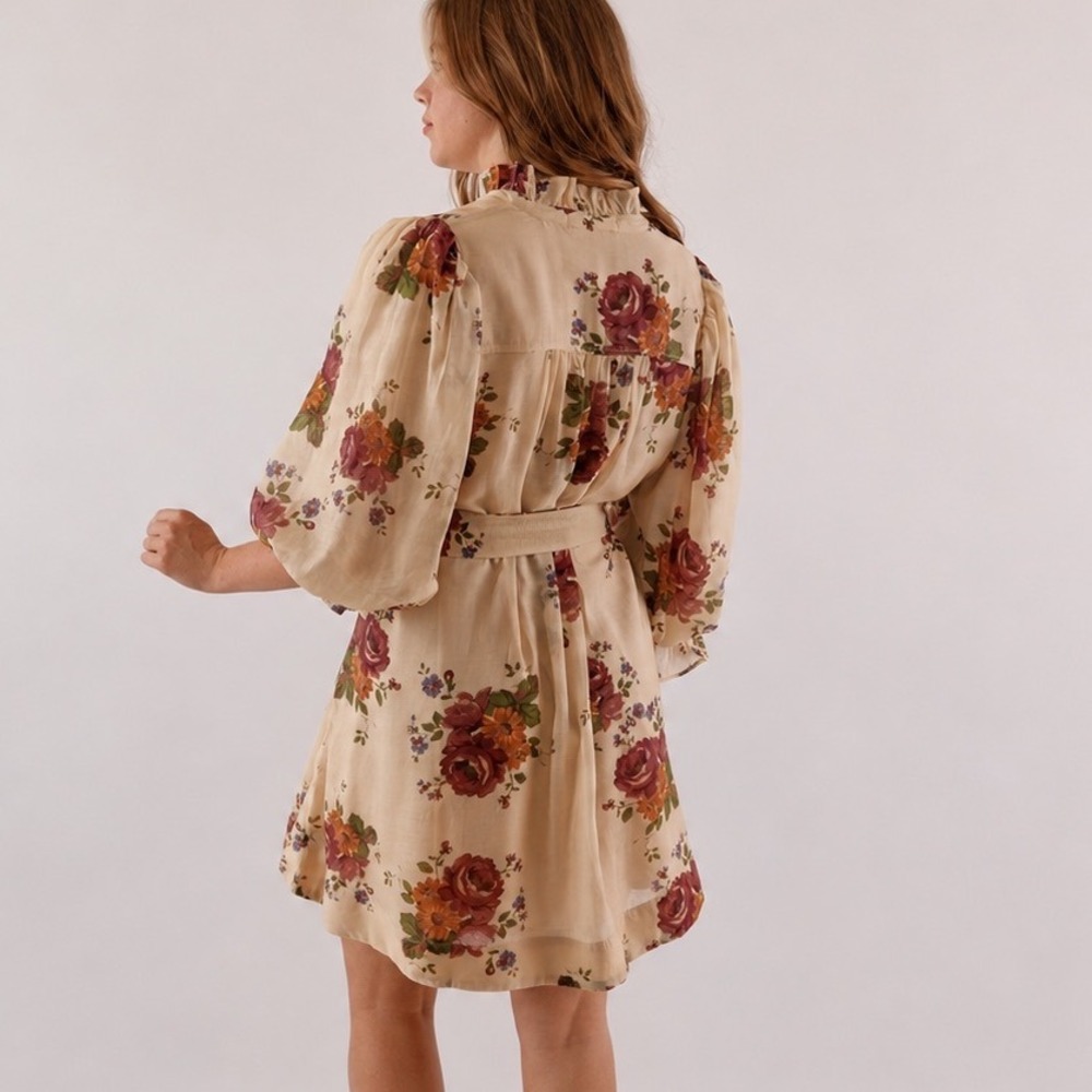 Entro Floral Mini Dress Women S Fit Flare Belted Puff Sleeve Boho Cottagecore - Picture 2 of 12